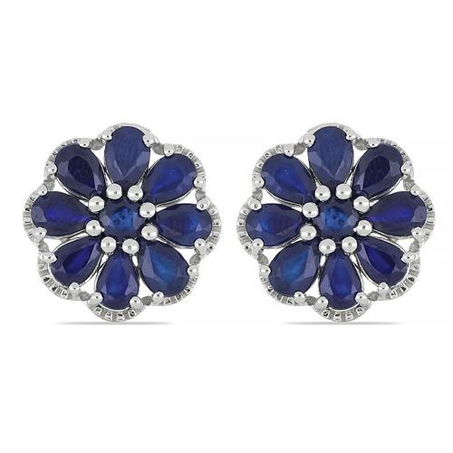 925 SILVER NATURAL BLUE SAPPHIRE GEMSTONE FLORAL EARRINGS 